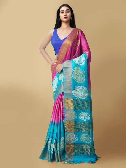 

Unnati Silks Pink & Blue Ethnic Motifs Pure Silk Murshidabad silk Saree
