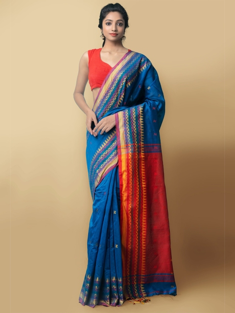 

Unnati Silks Blue & Red Pure Linen Jamdani Saree