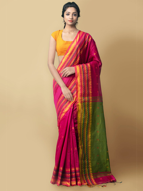 

Unnati Silks Pink & Green Woven Design Zari Pure Linen Jamdani Saree
