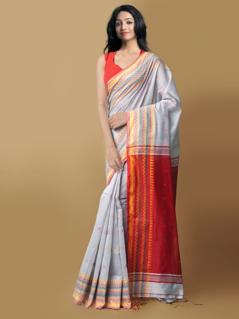 

Unnati Silks Grey & Orange Woven Design Pure Linen Jamdani Saree