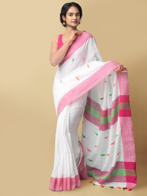 

Unnati Silks White & Pink Woven Design Pure Linen Jamdani Saree
