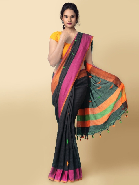 

Unnati Silks Women Black & Magenta Pure Handloom Bengal Linen Sustainable Saree