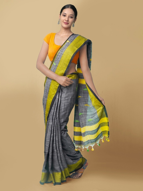 

Unnati Silks Grey & Yellow Woven Design Pure Linen Jamdani Saree