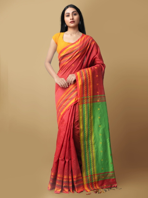 

Unnati Silks Red & Green Woven Design Pure Linen Jamdani Saree