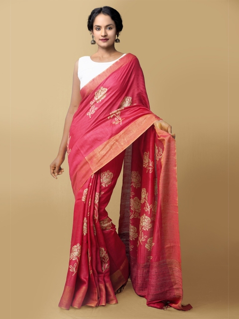 

Unnati Silks Women Red & Beige Pure Handloom Block Printed Mysore Silk Sustainable Saree