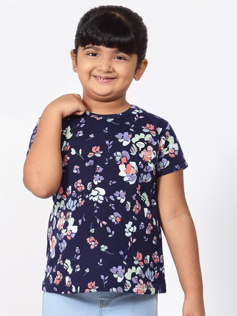 

NYNSH Girls Navy Blue Floral Printed Pure Cotton T-shirt