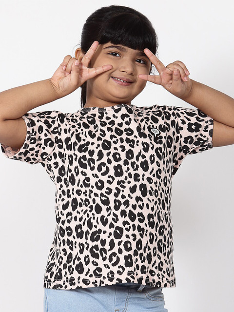 

NYNSH Girls Peach-Coloured Black Printed Pure Cotton T-shirt