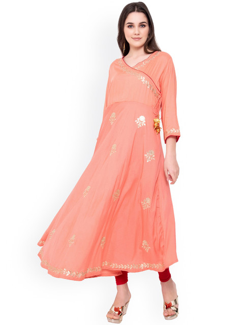 

Wodreams Women Pink & Gold-Toned Embellished Angrakha Kurta