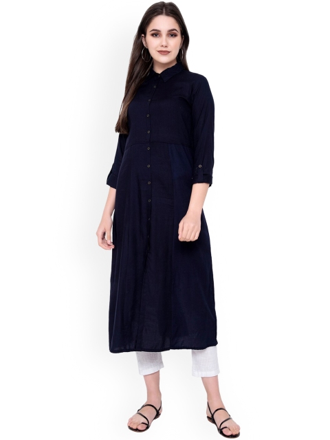 

Wodreams Women Viscose Rayon Navy Blue A-Line Kurta