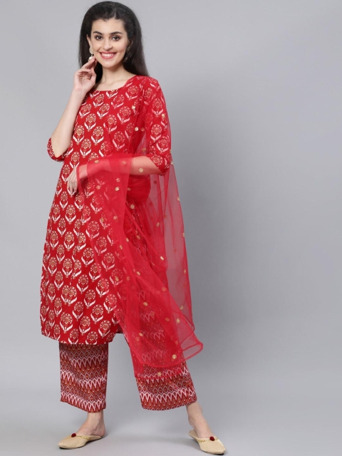

Nayo Women Red Floral Printed Regular Sequinned Pure Cotton Kurta Set With Dupatta