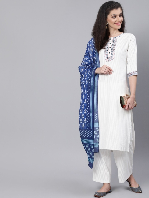 

Nayo Women Cream Floral Embroidered Kurti with Trousers & With Dupatta