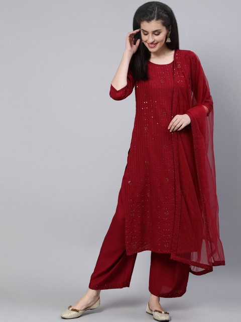 

Nayo Women Maroon Embroidered Regular Sequinned Kurta with Palazzos