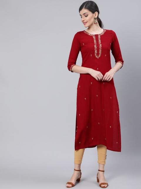 

Nayo Women Maroon Floral Embroidered Thread Work Kurta