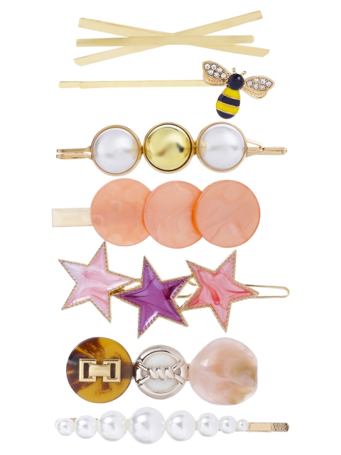 

Yellow Chimes Women Gold-Toned & White Set of 7 Embellished Alligator Hair Clip