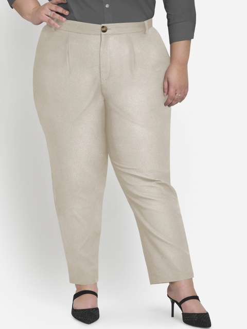 

wild U Women Off White Slim Fit Pleated Plus Size Trousers