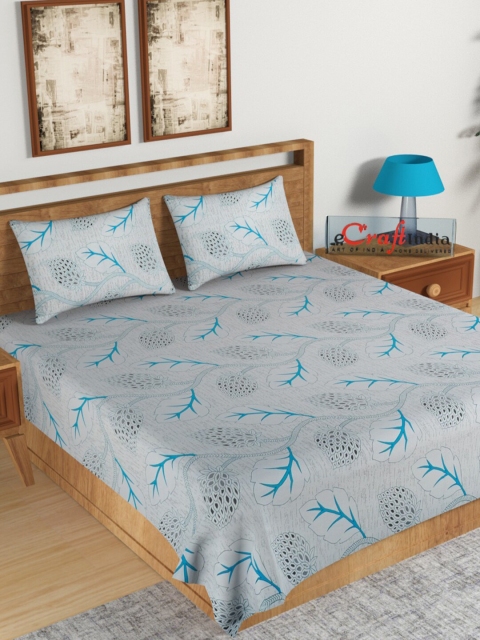 

eCraftIndia Grey & Blue Floral 144 TC King Bedsheet with 2 Pillow Covers