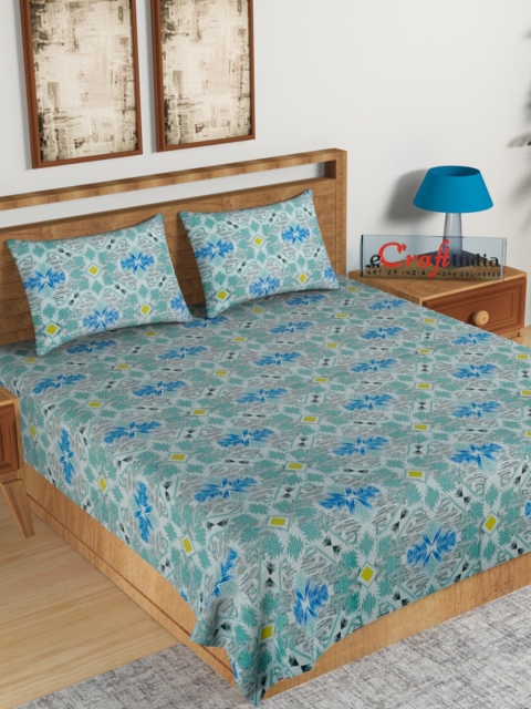 

eCraftIndia Blue & Green Geometric 144 TC King Bedsheet with 2 Pillow Covers
