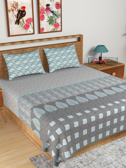 

eCraftIndia Blue & Grey Geometric 180 TC King Bedsheet with 2 Pillow Covers
