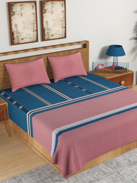 

eCraftIndia Pink & Blue Geometric 180 TC King Bedsheet with 2 Pillow Covers