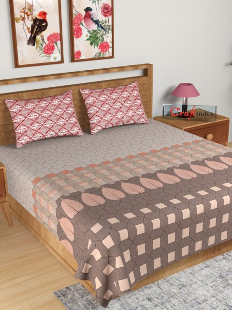 

eCraftIndia Pink & Taupe Geometric 180 TC King Bedsheet with 2 Pillow Covers