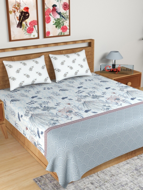 

eCraftIndia Grey & White Floral 180 TC King Bedsheet with 2 Pillow Covers