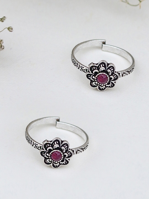 

TEEJH Set Of 2 Oxidised Pink Artificial Stones-Studded Adjustable Toe Rings, Silver