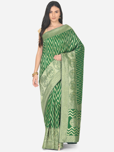 

BOMBAY SELECTIONS Green & Silver Ethnic Motifs Zari Art Silk Banarasi Saree
