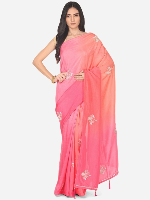 

BOMBAY SELECTIONS Coral & White Embellished Satin Mysore Silk Saree