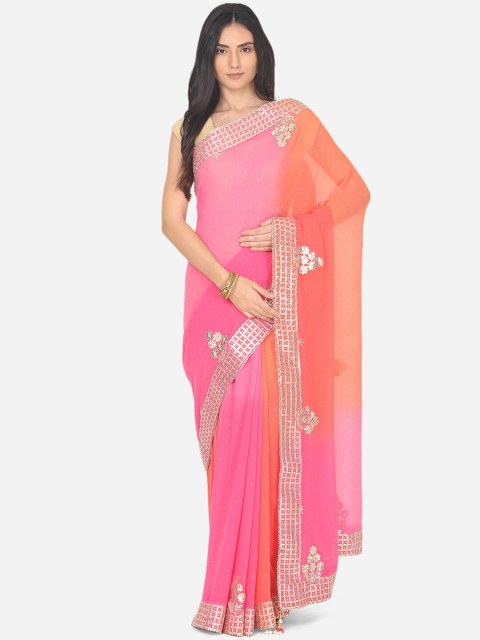 

BOMBAY SELECTIONS Pink & Orange Floral Gotta Patti Chanderi Saree