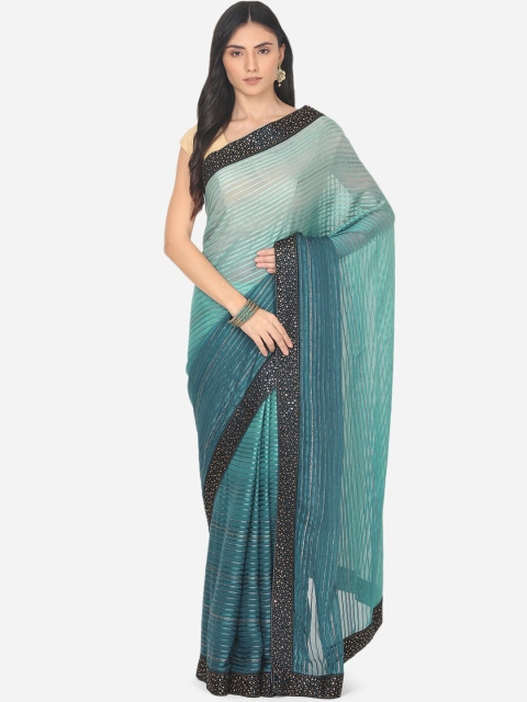 

BOMBAY SELECTIONS Green & Black Striped Beads and Stones Satin Saree