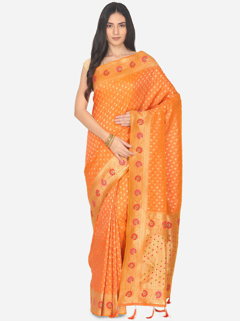 

BOMBAY SELECTIONS Orange & Gold Floral Art Silk Banarasi Saree