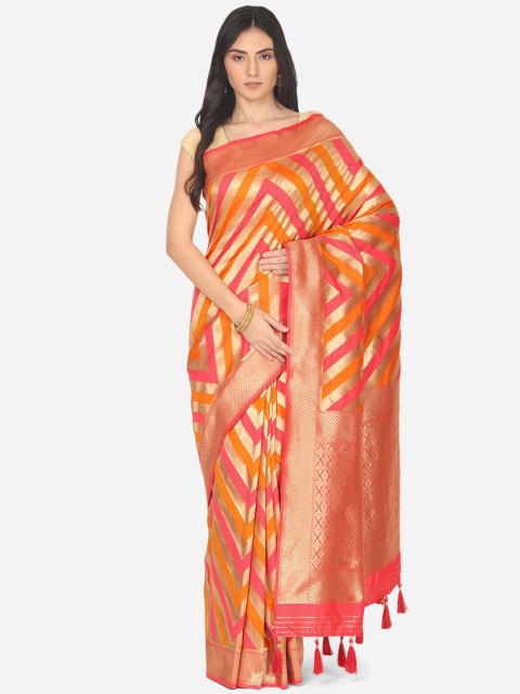

BOMBAY SELECTIONS Pink & Yellow Striped Zari Art Silk Banarasi Saree
