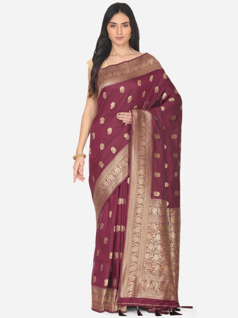 

BOMBAY SELECTIONS Purple & Gold Floral Zari Art Silk Banarasi Saree