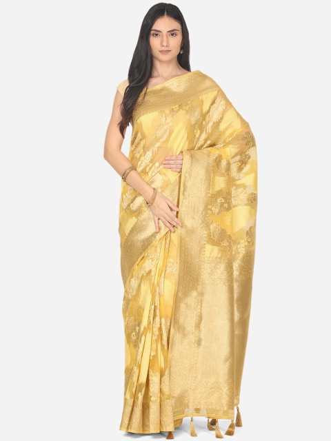

BOMBAY SELECTIONS Yellow & Gold Ethnic Motifs Zari Organza Banarasi Saree