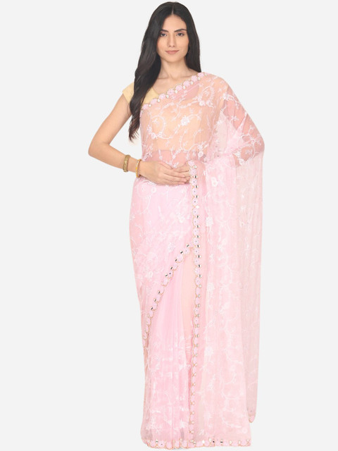

BOMBAY SELECTIONS Pink Floral Tissue Tussar Saree
