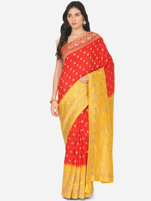 

BOMBAY SELECTIONS Mustard & Red Ethnic Motifs Zari Art Silk Banarasi Saree