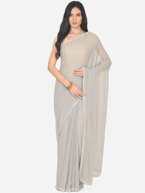 

BOMBAY SELECTIONS Grey & Silver Embellished Beads and Stones Chanderi Saree