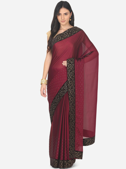 

BOMBAY SELECTIONS Burgundy & Black Embellished Beads and Stones Art Silk Chanderi Saree