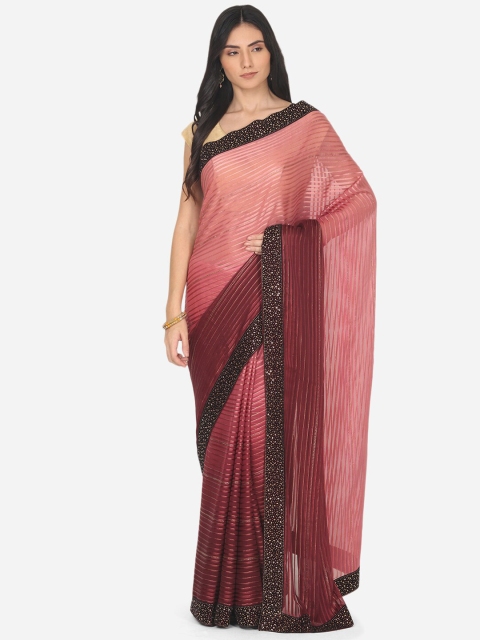 

BOMBAY SELECTIONS Burgundy & Maroon Striped Beads and Stones Satin Saree