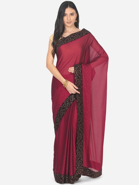 

BOMBAY SELECTIONS Maroon & Black Beads and Stones Art Silk Chanderi Saree