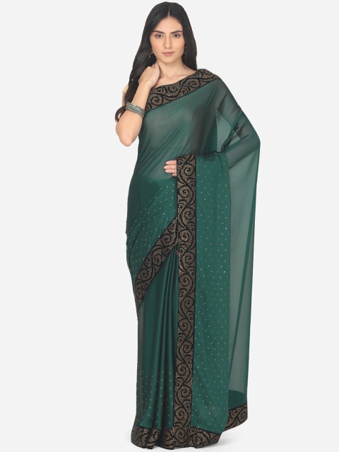 

BOMBAY SELECTIONS Sea Green & Black Beads and Stones Art Silk Chanderi Saree