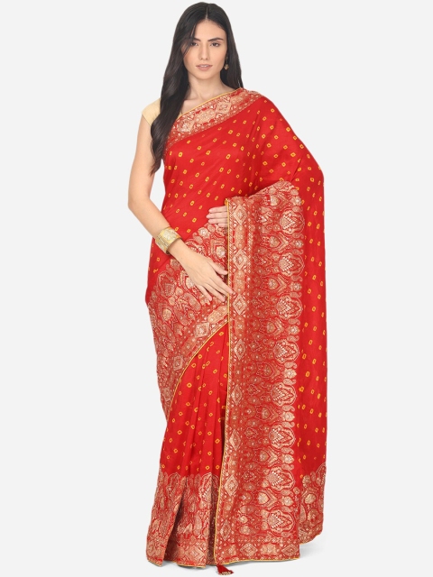 

BOMBAY SELECTIONS Maroon & Yellow Bandhani Satin Bandhani Saree