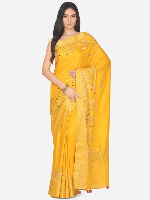 

BOMBAY SELECTIONS Yellow & Gold Floral Mirror Work Art Silk Banarasi Saree