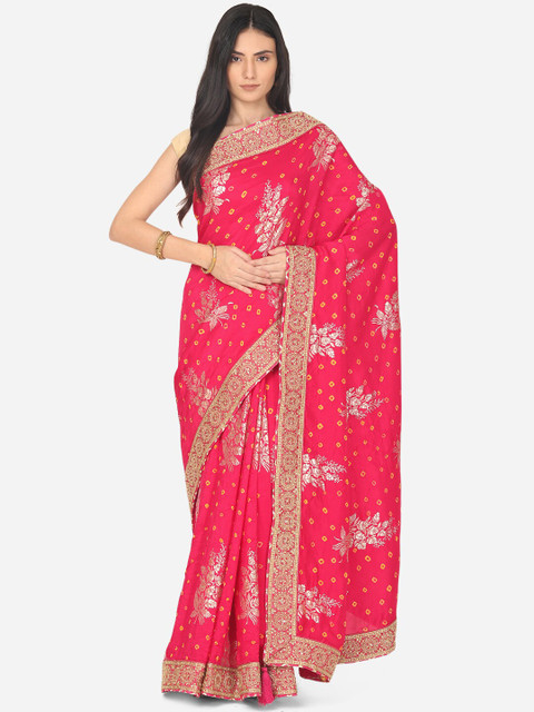 

BOMBAY SELECTIONS Pink & Yellow Bandhani Beads and Stones Satin Bandhani Saree