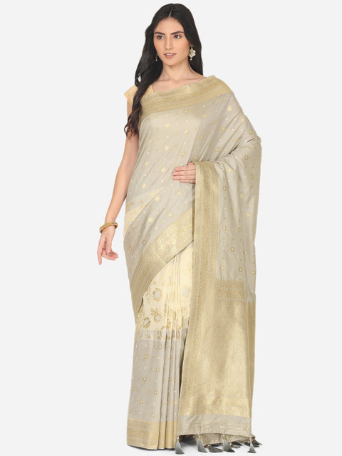 

BOMBAY SELECTIONS Grey & Gold Ethnic Motifs Zari Art Silk Banarasi Saree