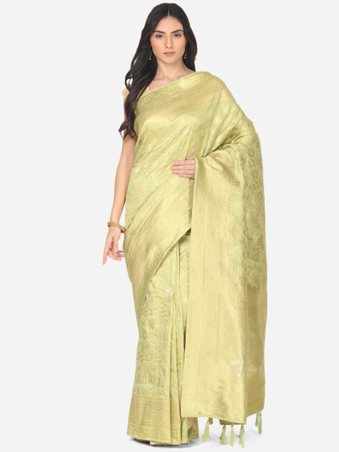 

BOMBAY SELECTIONS Green & Silver Ethnic Motifs Zari Art Silk Banarasi Saree