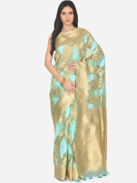 

BOMBAY SELECTIONS Sea Green & Gold Ethnic Motifs Zari Organza Banarasi Saree