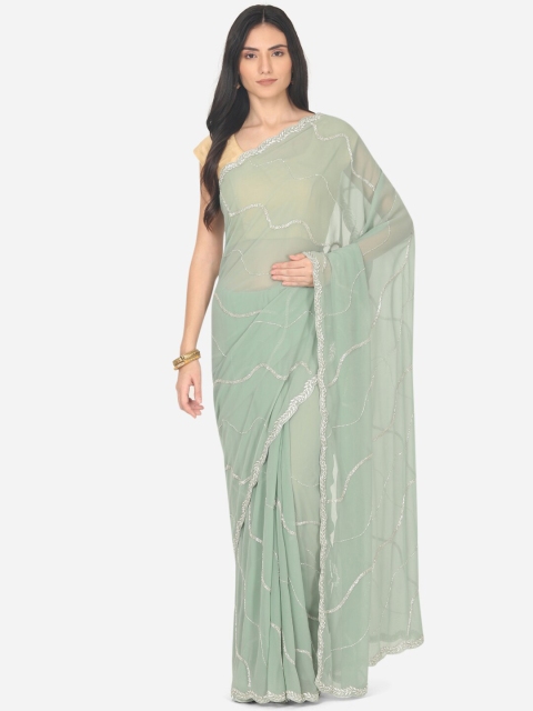 

BOMBAY SELECTIONS Green & Grey Striped Beads and Stones Chanderi Saree