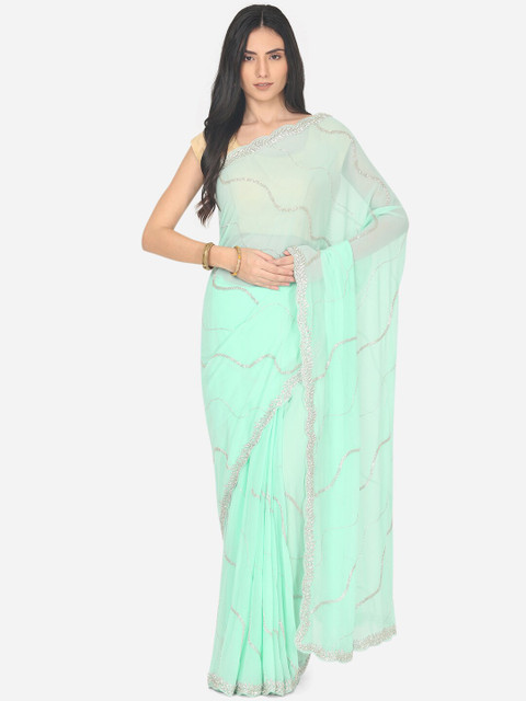 

BOMBAY SELECTIONS Sea Green & Silver Striped Beads and Stones Chanderi Saree