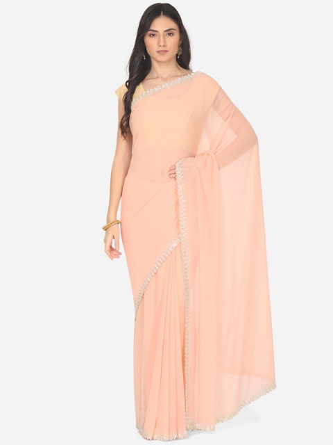 

BOMBAY SELECTIONS Peach-Coloured & Silver Zardozi Chanderi Saree